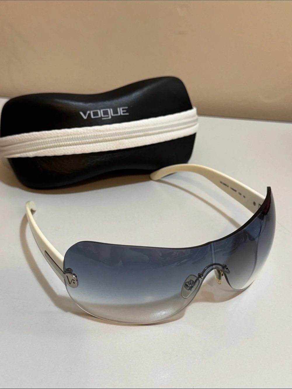 Vogue Women's White-Arm Shield Sunglasses with Gradient Blue Lens